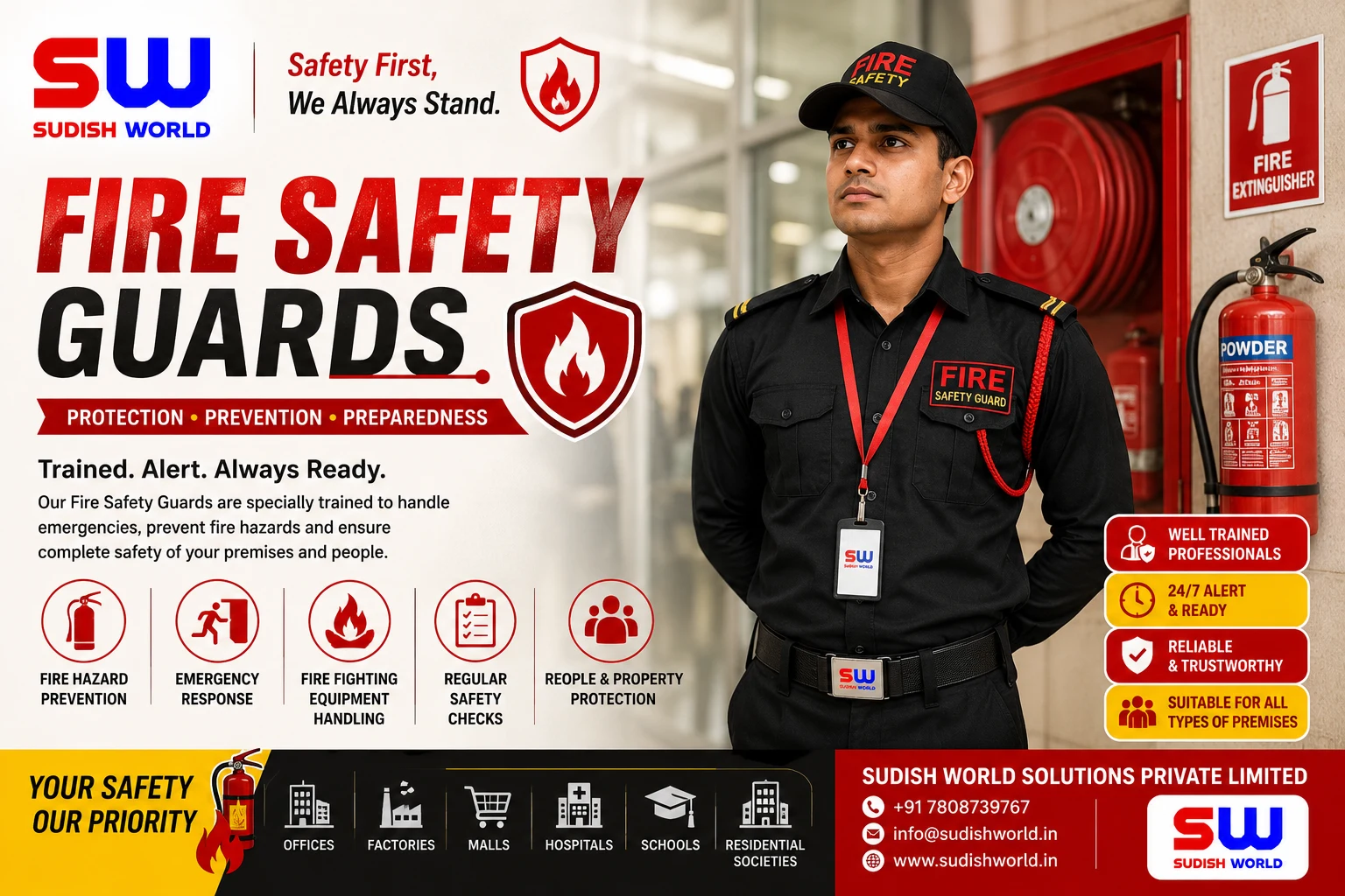 Fire watch security guard checking fire safety equipment