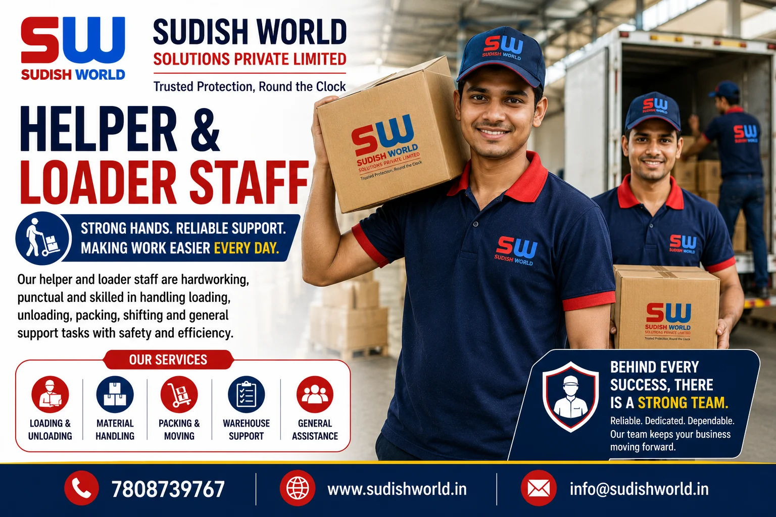 Helper and loader staff moving goods in a warehouse