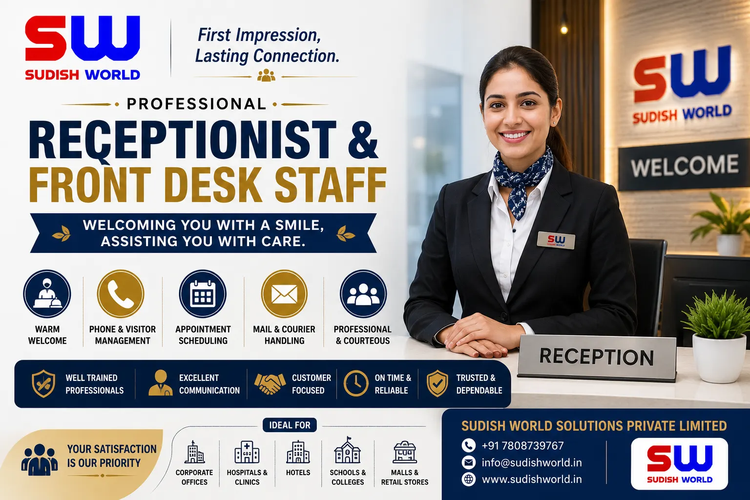 Receptionist greeting a visitor at a front desk