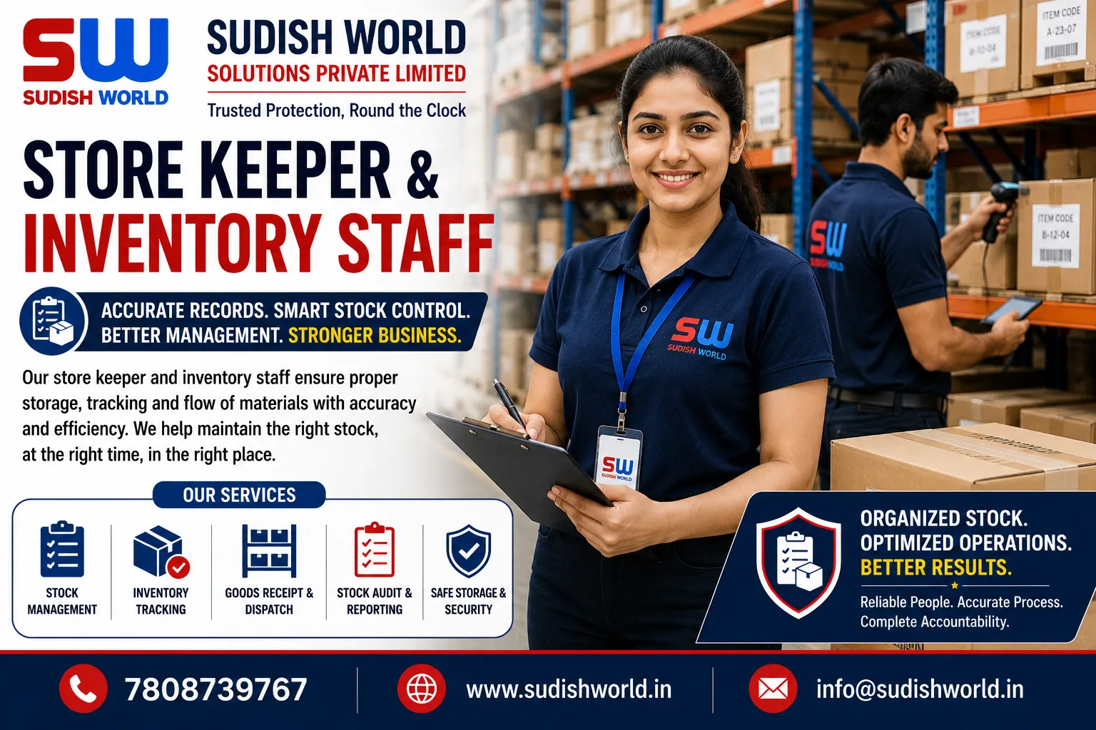Store keeper managing inventory shelves in a warehouse